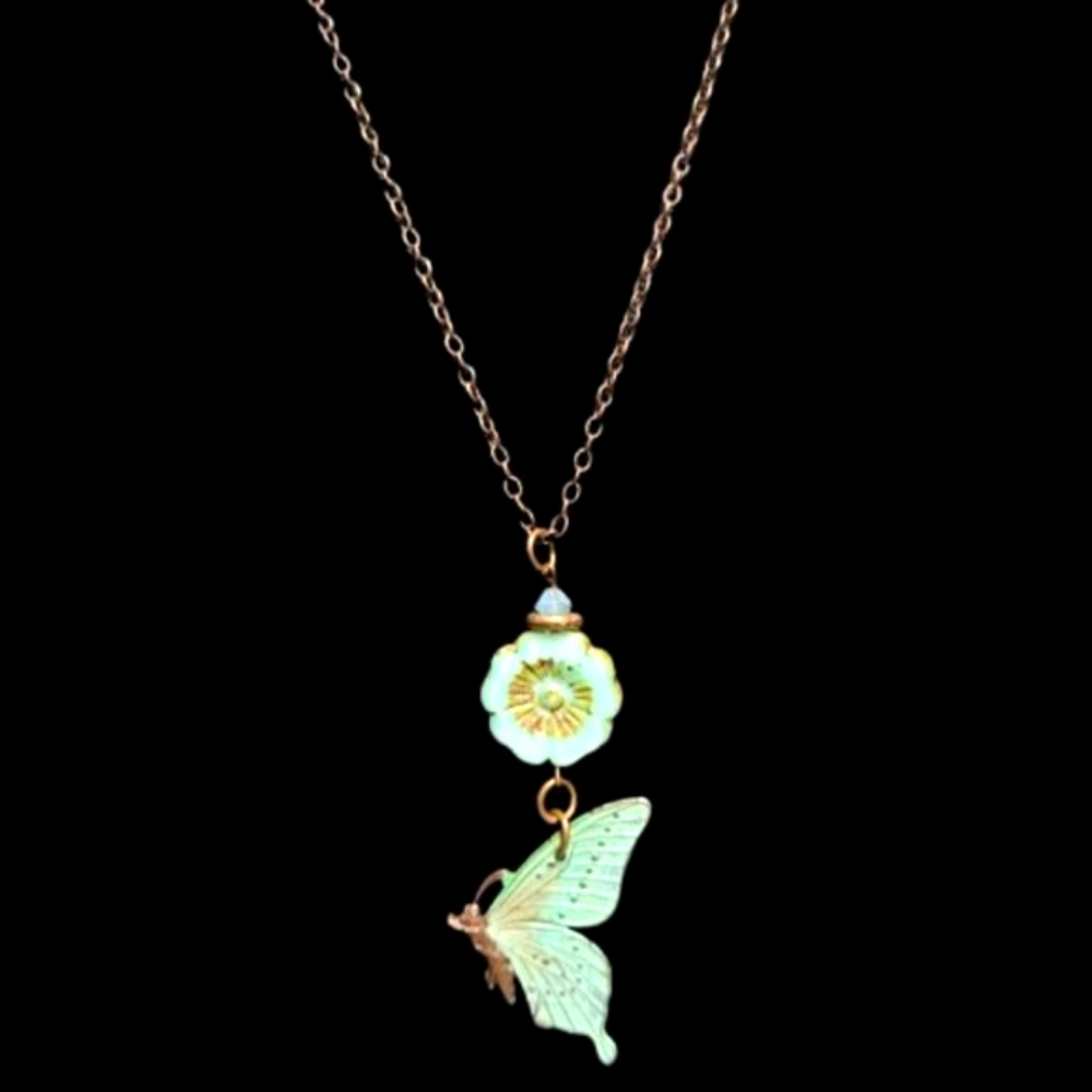 Turquoise Blue Butterfly and Flower Antique Bronze Chain - Handmade- NWT